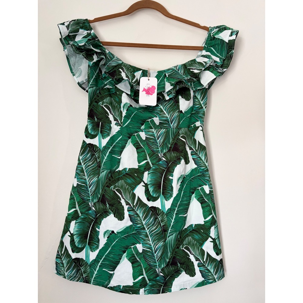 L'ATISTE by Amy Green White Banana Leaf Tropical Ruffle Off Shoulder Dress Sz M